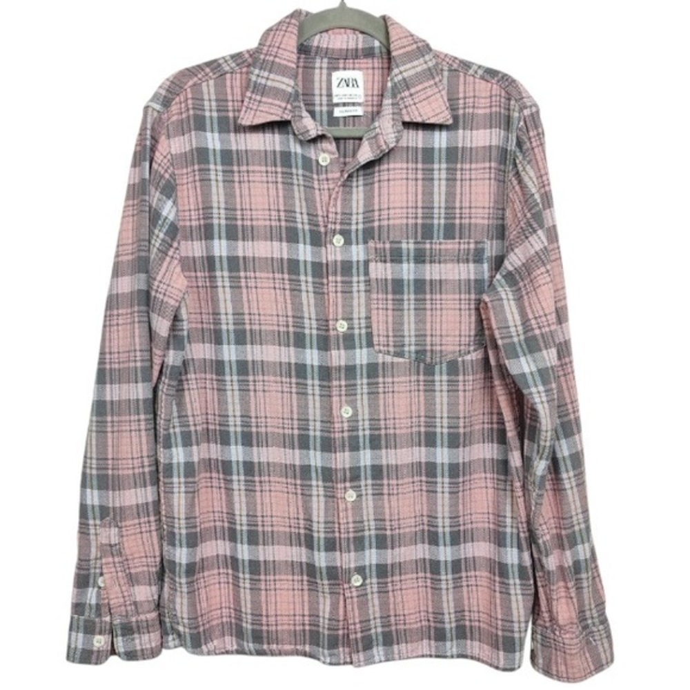 Zara Pink and Gray Checkered Shirt medium